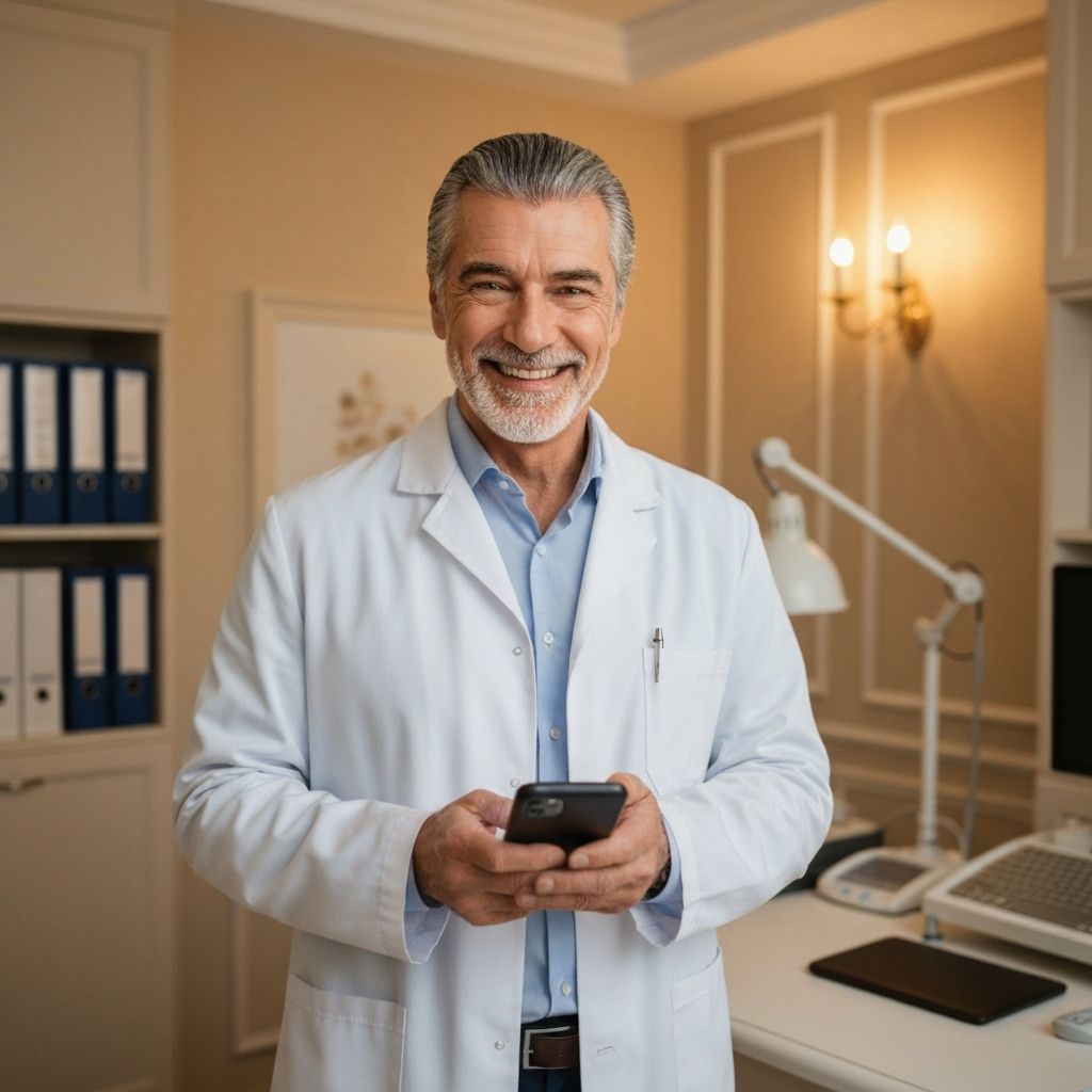 Médico feliz usando DodoChat profesionalmente